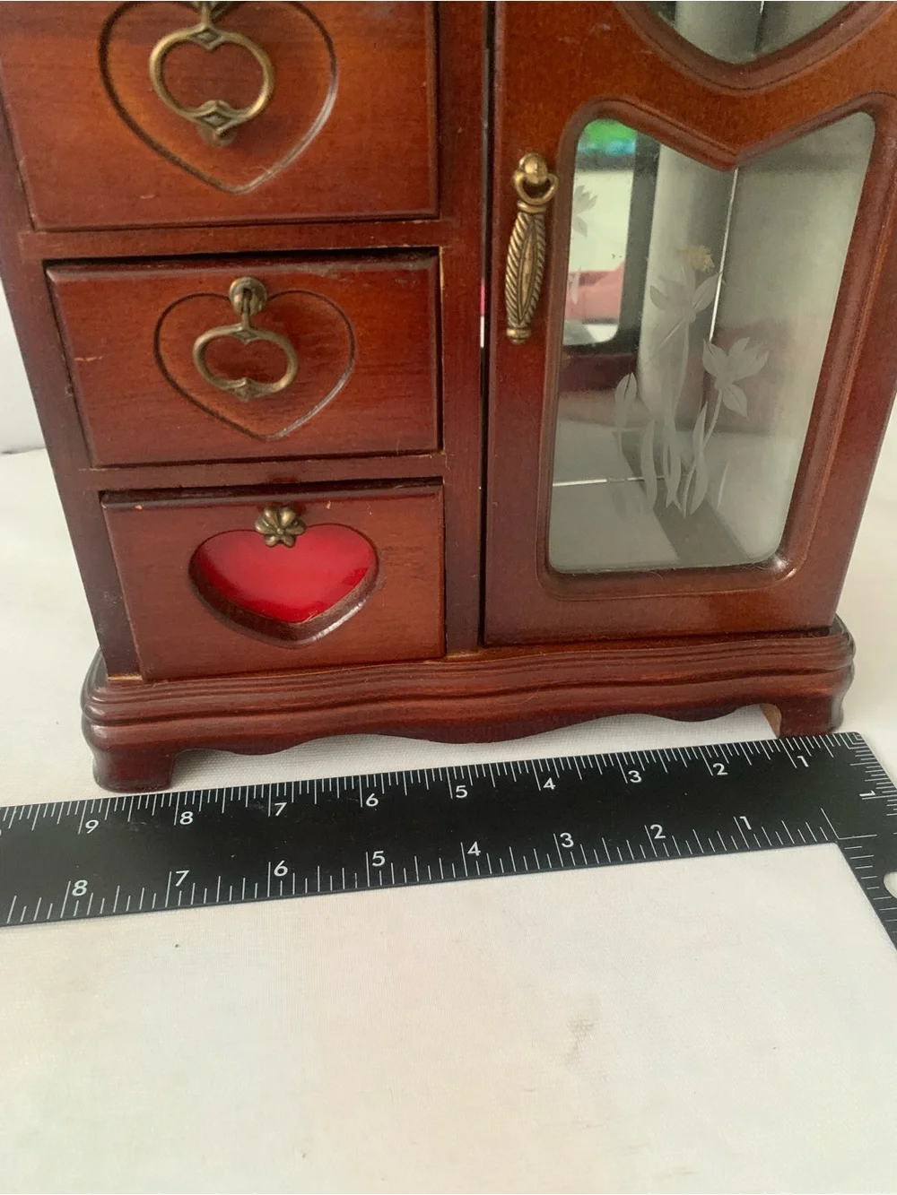 Vintage Mahogany Jewelry Box Rotating Necklace Holder 4 Heart Drawers Mirror